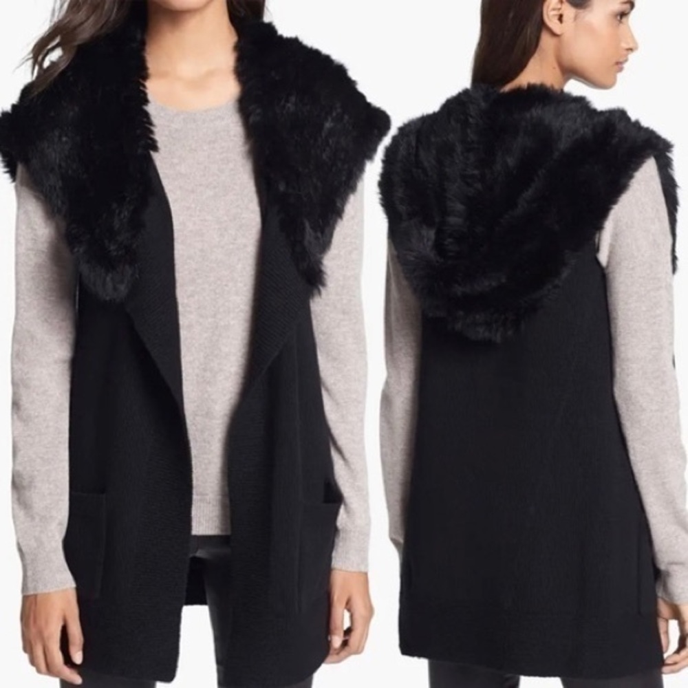Theory Wool Rabbit Fur Black Hood Sleeveless Middle Vest S